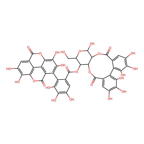 2D Structure of [3,4,5,11,20,21,22-Heptahydroxy-13-(hydroxymethyl)-8,17-dioxo-9,12,16-trioxatetracyclo[16.4.0.02,7.010,15]docosa-1(22),2,4,6,18,20-hexaen-14-yl] 3,4,5-trihydroxy-2-(6,7,13,14-tetrahydroxy-3,10-dioxo-2,9-dioxatetracyclo[6.6.2.04,16.011,15]hexadeca-1(15),4(16),5,7,11,13-hexaen-5-yl)benzoate