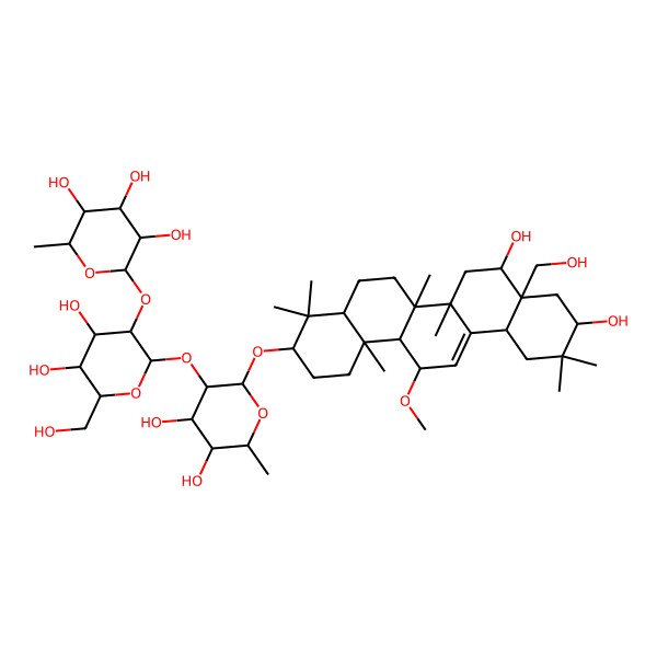 2D Structure of (2S,3R,4R,5R,6S)-2-[(2S,3R,4S,5S,6R)-2-[(2R,3R,4S,5R,6R)-2-[[(3S,4aR,6aR,6bS,8R,8aS,10R,12aS,14R,14aR,14bS)-8,10-dihydroxy-8a-(hydroxymethyl)-14-methoxy-4,4,6a,6b,11,11,14b-heptamethyl-1,2,3,4a,5,6,7,8,9,10,12,12a,14,14a-tetradecahydropicen-3-yl]oxy]-4,5-dihydroxy-6-methyloxan-3-yl]oxy-4,5-dihydroxy-6-(hydroxymethyl)oxan-3-yl]oxy-6-methyloxane-3,4,5-triol