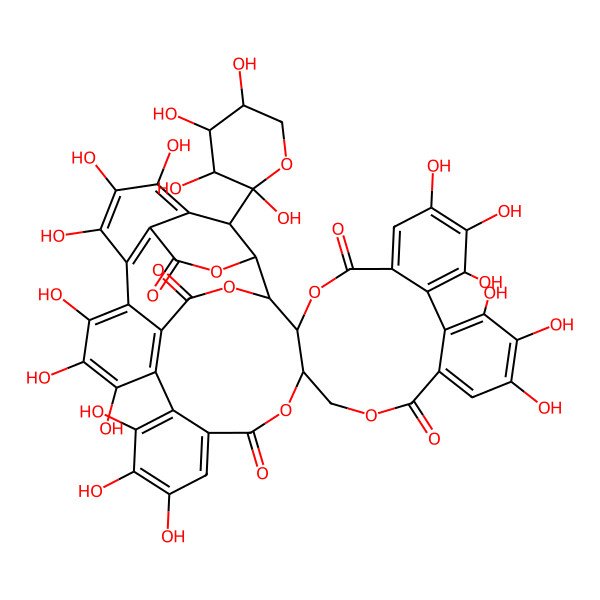 2D Structure of (1R,2R,20R,42S,46R)-7,8,9,12,13,14,25,26,27,30,31,32,35,36,37-pentadecahydroxy-46-[(2R,3R,4R,5S)-2,3,4,5-tetrahydroxyoxan-2-yl]-3,18,21,41,43-pentaoxanonacyclo[27.13.3.138,42.02,20.05,10.011,16.023,28.033,45.034,39]hexatetraconta-5,7,9,11,13,15,23,25,27,29(45),30,32,34(39),35,37-pentadecaene-4,17,22,40,44-pentone