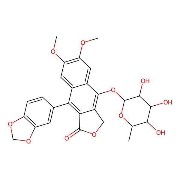 2D Structure of 9-(1,3-benzodioxol-5-yl)-6,7-dimethoxy-4-(3,4,5-trihydroxy-6-methyloxan-2-yl)oxy-3H-benzo[f][2]benzofuran-1-one