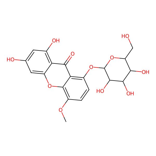 2D Structure of 1,3-dihydroxy-5-methoxy-8-[(2S,3R,4S,5S,6R)-3,4,5-trihydroxy-6-(hydroxymethyl)oxan-2-yl]oxyxanthen-9-one