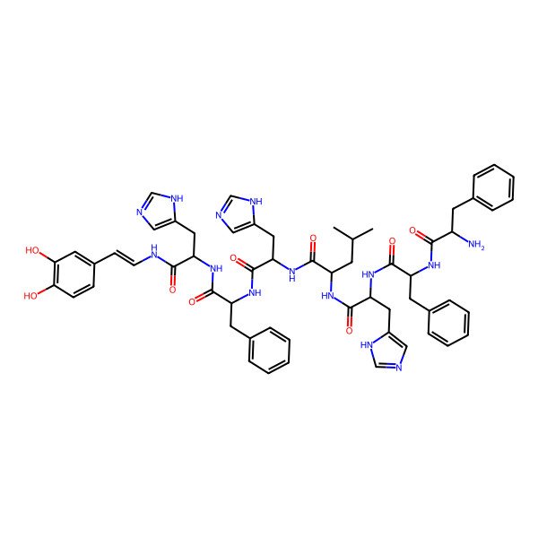 2D Structure of (2S)-2-[[(2S)-2-[[(2S)-2-[[(2S)-2-amino-3-phenylpropanoyl]amino]-3-phenylpropanoyl]amino]-3-(1H-imidazol-5-yl)propanoyl]amino]-N-[(2S)-1-[[(2S)-1-[[(2S)-1-[[(Z)-2-(3,4-dihydroxyphenyl)ethenyl]amino]-3-(1H-imidazol-5-yl)-1-oxopropan-2-yl]amino]-1-oxo-3-phenylpropan-2-yl]amino]-3-(1H-imidazol-5-yl)-1-oxopropan-2-yl]-4-methylpentanamide