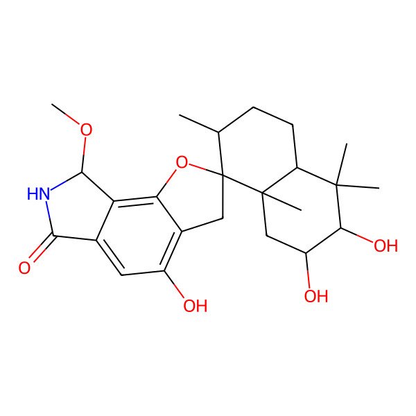2D Structure of 2,3,4'-trihydroxy-8'-methoxy-4,4,7,8a-tetramethylspiro[2,3,4a,5,6,7-hexahydro-1H-naphthalene-8,2'-7,8-dihydro-3H-furo[2,3-e]isoindole]-6'-one