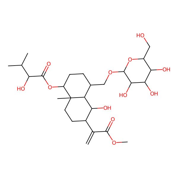 2D Structure of [(1R,4aR,5S,6R,8aS)-5-hydroxy-6-(3-methoxy-3-oxoprop-1-en-2-yl)-8a-methyl-4-[[(2R,4S,5S,6S)-3,4,5-trihydroxy-6-(hydroxymethyl)oxan-2-yl]oxymethyl]-2,3,4,4a,5,6,7,8-octahydro-1H-naphthalen-1-yl] 2-hydroxy-3-methylbutanoate