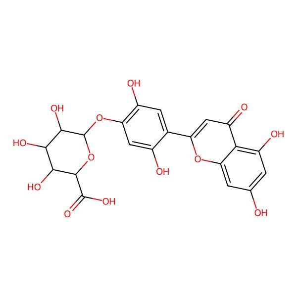 2D Structure of (2S,3S,4S,5R,6S)-6-[4-(5,7-dihydroxy-4-oxochromen-2-yl)-2,5-dihydroxyphenoxy]-3,4,5-trihydroxyoxane-2-carboxylic acid