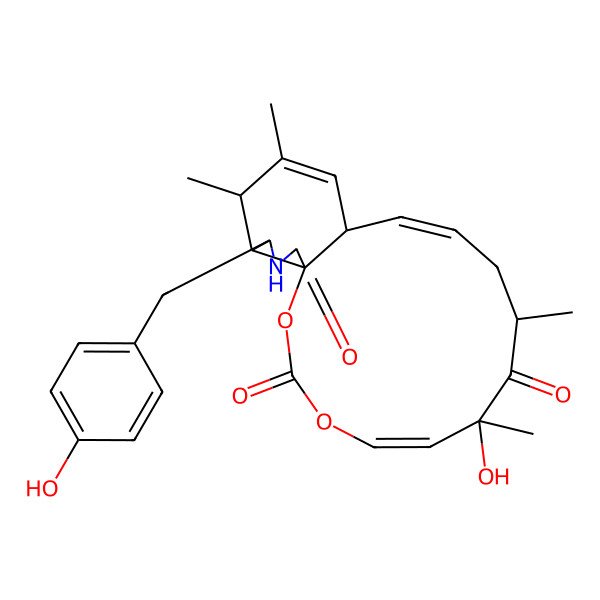 2D Structure of 7-Hydroxy-18-[(4-hydroxyphenyl)methyl]-7,9,15,16-tetramethyl-2,4-dioxa-19-azatricyclo[11.7.0.01,17]icosa-5,11,14-triene-3,8,20-trione