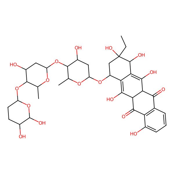 2D Structure of (9R)-7-[5-[5-(5,6-dihydroxyoxan-2-yl)oxy-4-hydroxy-6-methyloxan-2-yl]oxy-4-hydroxy-6-methyloxan-2-yl]oxy-9-ethyl-4,6,9,10,11-pentahydroxy-7,8,10,11a-tetrahydro-5aH-tetracene-5,12-dione