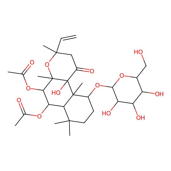 2D Structure of [5-acetyloxy-3-ethenyl-10b-hydroxy-3,4a,7,7,10a-pentamethyl-1-oxo-10-[3,4,5-trihydroxy-6-(hydroxymethyl)oxan-2-yl]oxy-5,6,6a,8,9,10-hexahydro-2H-benzo[f]chromen-6-yl] acetate