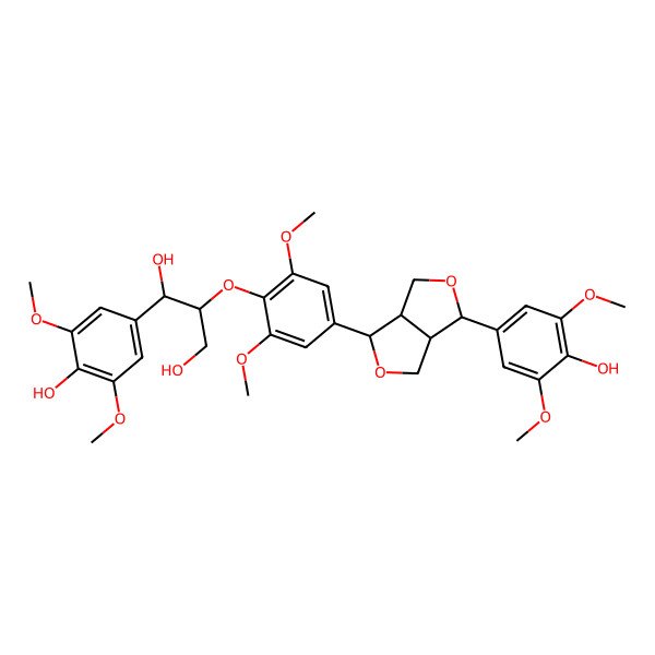 2D Structure of (1R,2S)-2-[4-[(3R,3aS,6R,6aS)-3-(4-hydroxy-3,5-dimethoxyphenyl)-1,3,3a,4,6,6a-hexahydrofuro[3,4-c]furan-6-yl]-2,6-dimethoxyphenoxy]-1-(4-hydroxy-3,5-dimethoxyphenyl)propane-1,3-diol