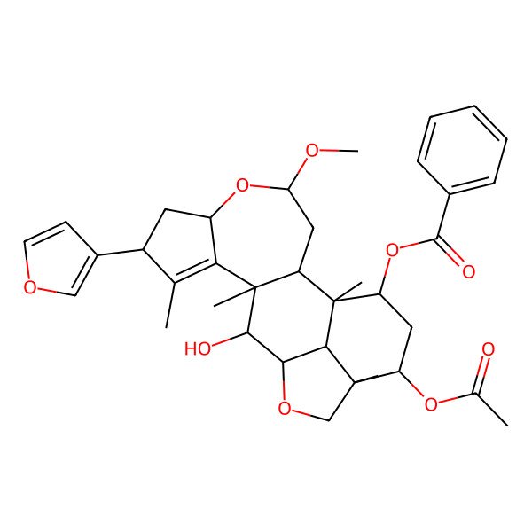 2D Structure of [(1R,2R,4R,6S,8R,11R,12S,13R,16R,17R,19S,20R)-17-acetyloxy-8-(furan-3-yl)-12-hydroxy-4-methoxy-1,9,11,16-tetramethyl-5,14-dioxapentacyclo[11.6.1.02,11.06,10.016,20]icos-9-en-19-yl] benzoate