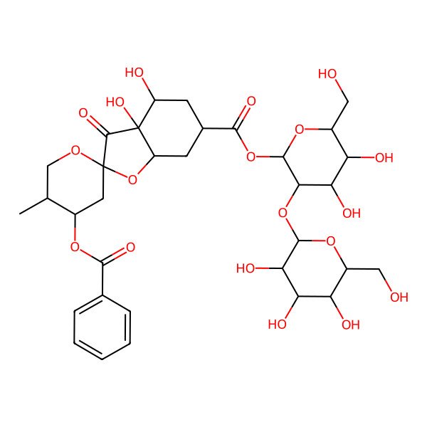 2D Structure of [(2S,3R,4S,5S,6R)-4,5-Dihydroxy-6-(hydroxymethyl)-3-[(2S,3R,4S,5S,6R)-3,4,5-trihydroxy-6-(hydroxymethyl)oxan-2-yl]oxyoxan-2-yl] (2S,3aR,4S,4'S,5'R,6S,7aR)-4'-benzoyloxy-3a,4-dihydroxy-5'-methyl-3-oxospiro[5,6,7,7a-tetrahydro-4H-1-benzofuran-2,2'-oxane]-6-carboxylate