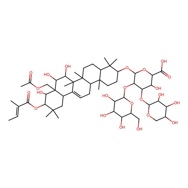 2D Structure of (2S,3S,4S,5R,6R)-6-[[(3S,4aS,6aR,6bS,7R,8S,8aR,9R,10R,12aS,14aR,14bR)-8a-(acetyloxymethyl)-7,8,9-trihydroxy-4,4,6a,6b,11,11,14b-heptamethyl-10-[(Z)-2-methylbut-2-enoyl]oxy-1,2,3,4a,5,6,7,8,9,10,12,12a,14,14a-tetradecahydropicen-3-yl]oxy]-3-hydroxy-5-[(2S,3R,4S,5S,6R)-3,4,5-trihydroxy-6-(hydroxymethyl)oxan-2-yl]oxy-4-[(2S,3R,4S,5S)-3,4,5-trihydroxyoxan-2-yl]oxyoxane-2-carboxylic acid