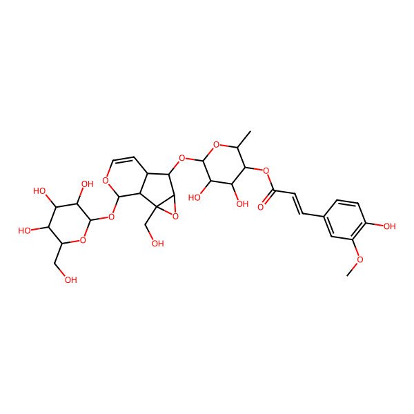 2D Structure of [(2S,3R,4S,5R,6S)-4,5-dihydroxy-6-[[(1S,2S,4S,5S,6R,10S)-2-(hydroxymethyl)-10-[(2S,3R,4S,5S,6R)-3,4,5-trihydroxy-6-(hydroxymethyl)oxan-2-yl]oxy-3,9-dioxatricyclo[4.4.0.02,4]dec-7-en-5-yl]oxy]-2-methyloxan-3-yl] (E)-3-(4-hydroxy-3-methoxyphenyl)prop-2-enoate