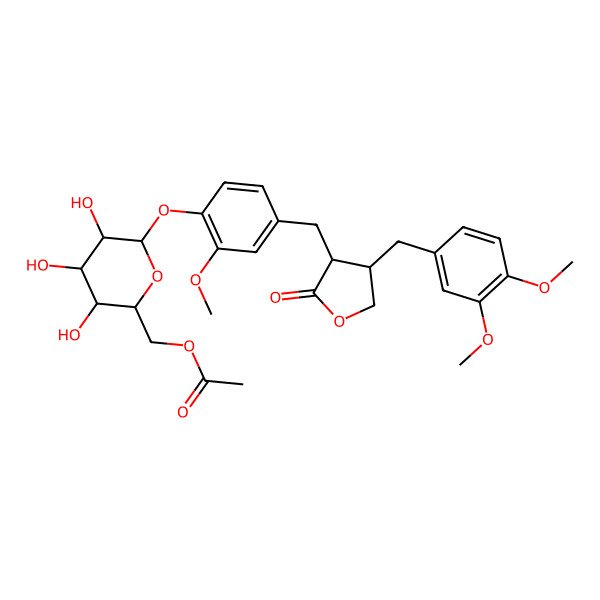 2D Structure of [6-[4-[[4-[(3,4-Dimethoxyphenyl)methyl]-2-oxooxolan-3-yl]methyl]-2-methoxyphenoxy]-3,4,5-trihydroxyoxan-2-yl]methyl acetate