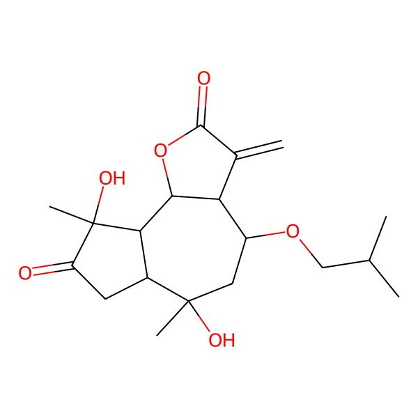 2D Structure of (3aR,4R,6R,6aR,9S,9aS,9bS)-6,9-dihydroxy-6,9-dimethyl-3-methylidene-4-(2-methylpropoxy)-4,5,6a,7,9a,9b-hexahydro-3aH-azuleno[4,5-b]furan-2,8-dione