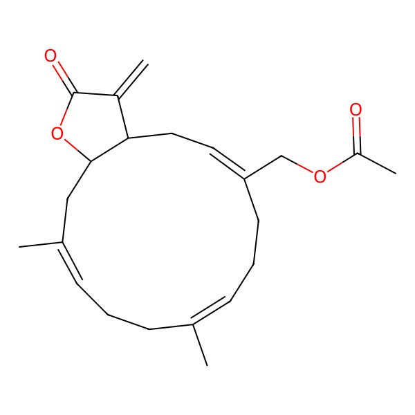 2D Structure of [(3aR,5Z,9E,13E,15aS)-10,14-dimethyl-3-methylidene-2-oxo-3a,4,7,8,11,12,15,15a-octahydrocyclotetradeca[b]furan-6-yl]methyl acetate