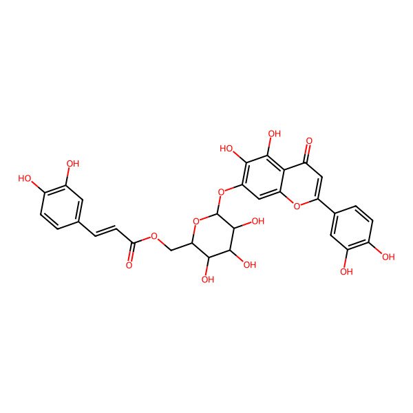 2D Structure of [(2R,3S,4S,5R,6S)-6-[2-(3,4-dihydroxyphenyl)-5,6-dihydroxy-4-oxochromen-7-yl]oxy-3,4,5-trihydroxyoxan-2-yl]methyl (E)-3-(3,4-dihydroxyphenyl)prop-2-enoate