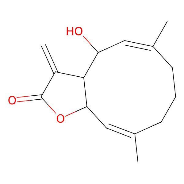 2D Structure of (3aS,4R,5E,10E,11aS)-4-hydroxy-6,10-dimethyl-3-methylidene-3a,4,7,8,9,11a-hexahydrocyclodeca[b]furan-2-one
