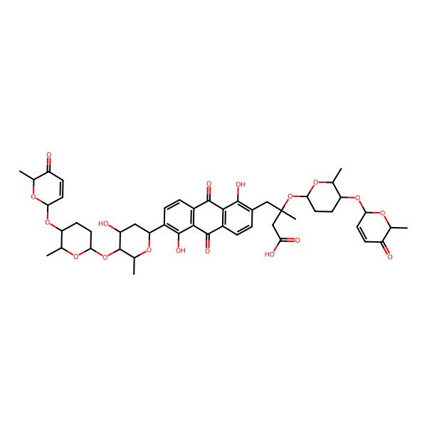 2D Structure of (3R)-4-[1,5-dihydroxy-6-[(2R,4R,5S,6R)-4-hydroxy-6-methyl-5-[(2S,5S,6S)-6-methyl-5-[[(2R,6S)-6-methyl-5-oxo-2H-pyran-2-yl]oxy]oxan-2-yl]oxyoxan-2-yl]-9,10-dioxoanthracen-2-yl]-3-methyl-3-[(2S,5S,6S)-6-methyl-5-[[(2R,6S)-6-methyl-5-oxo-2H-pyran-2-yl]oxy]oxan-2-yl]oxybutanoic acid