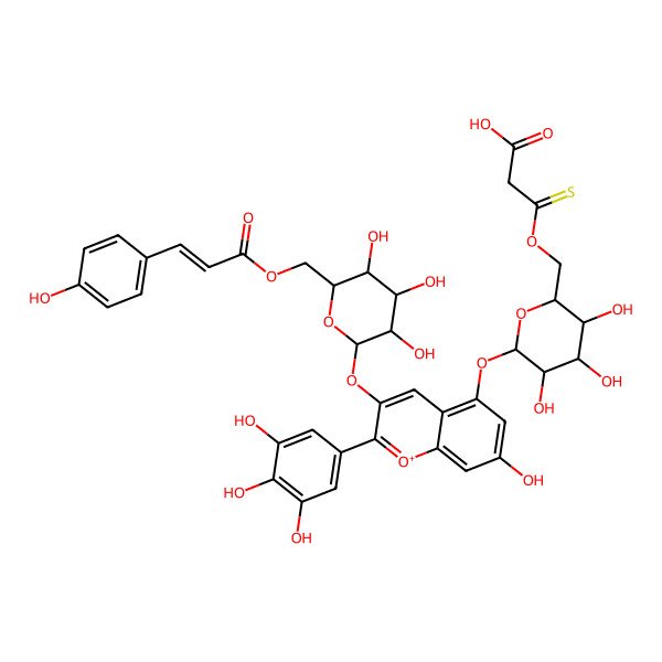 2D Structure of 3-sulfanylidene-3-[[(2R,3S,4S,5R,6S)-3,4,5-trihydroxy-6-[7-hydroxy-3-[(2S,3R,4S,5S,6R)-3,4,5-trihydroxy-6-[3-(4-hydroxyphenyl)prop-2-enoyloxymethyl]oxan-2-yl]oxy-2-(3,4,5-trihydroxyphenyl)chromenylium-5-yl]oxyoxan-2-yl]methoxy]propanoic acid