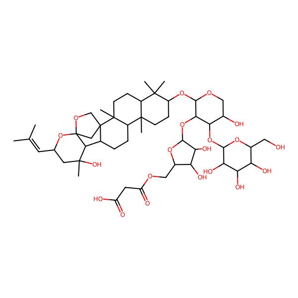 2D Structure of 3-[[(2S,3R,4R,5S)-3,4-dihydroxy-5-[(2S,3R,4S,5S)-5-hydroxy-2-[[(1S,2R,5R,7S,10R,11R,14R,15S,16S,18R,20S)-16-hydroxy-2,6,6,10,16-pentamethyl-18-(2-methylprop-1-enyl)-19,21-dioxahexacyclo[18.2.1.01,14.02,11.05,10.015,20]tricosan-7-yl]oxy]-4-[(2S,3R,4S,5S,6R)-3,4,5-trihydroxy-6-(hydroxymethyl)oxan-2-yl]oxyoxan-3-yl]oxyoxolan-2-yl]methoxy]-3-oxopropanoic acid