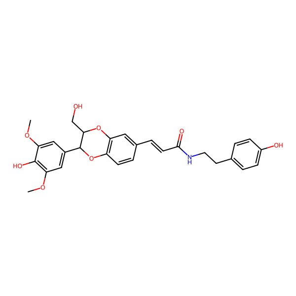 2D Structure of (E)-3-[(2S,3S)-2-(4-hydroxy-3,5-dimethoxyphenyl)-3-(hydroxymethyl)-2,3-dihydro-1,4-benzodioxin-6-yl]-N-[2-(4-hydroxyphenyl)ethyl]prop-2-enamide