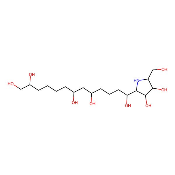 2D Structure of (2R,7S,9R,13R)-13-[(2R,3R,4R,5R)-3,4-dihydroxy-5-(hydroxymethyl)pyrrolidin-2-yl]tridecane-1,2,7,9,13-pentol