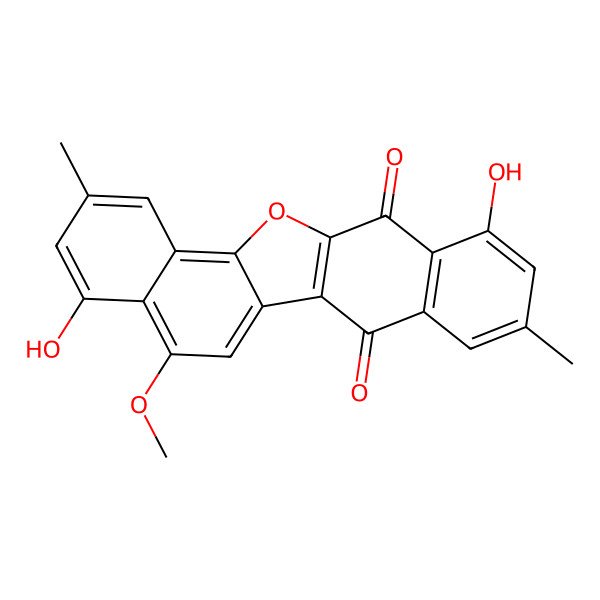 2D Structure of 8,18-Dihydroxy-20-methoxy-6,16-dimethyl-12-oxapentacyclo[11.8.0.02,11.04,9.014,19]henicosa-1(21),2(11),4(9),5,7,13,15,17,19-nonaene-3,10-dione