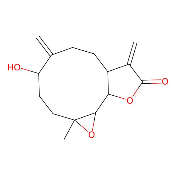 2D Structure of (1S,2S,4R,7R,11S)-7-hydroxy-4-methyl-8,12-dimethylidene-3,14-dioxatricyclo[9.3.0.02,4]tetradecan-13-one