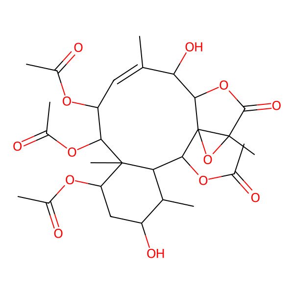 2D Structure of [(1R,2S,3S,4R,5S,7S,8R,9R,10S,11E,13S,14R,17R)-2,9,10-triacetyloxy-5,13-dihydroxy-4,8,12,17-tetramethyl-16-oxo-15,18-dioxatetracyclo[12.4.0.01,17.03,8]octadec-11-en-7-yl] acetate