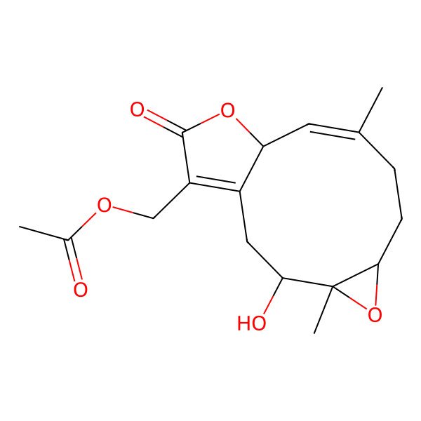 2D Structure of [(3S,4R,6R,9E,11R)-3-hydroxy-4,9-dimethyl-13-oxo-5,12-dioxatricyclo[9.3.0.04,6]tetradeca-1(14),9-dien-14-yl]methyl acetate