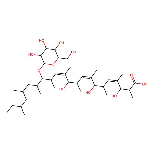 2D Structure of 3,7,11-Trihydroxy-2,4,6,8,10,12,14,16,18,20-decamethyl-15-[3,4,5-trihydroxy-6-(hydroxymethyl)oxan-2-yl]oxydocosa-4,8,12-trienoic acid