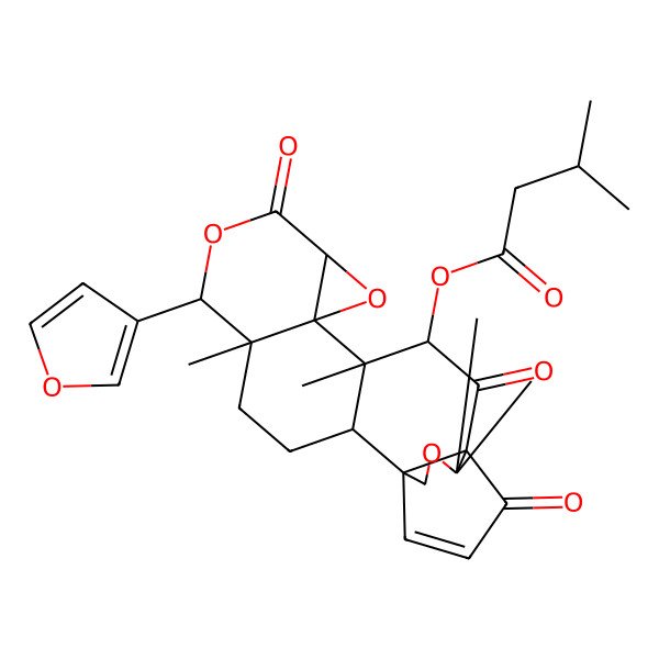 2D Structure of [(1R,2R,5S,6S,9S,11R,12S,13R,15R)-6-(furan-3-yl)-5,12,16,16-tetramethyl-8,14,21-trioxo-7,10,17-trioxahexacyclo[13.3.3.01,15.02,12.05,11.09,11]henicos-19-en-13-yl] 3-methylbutanoate