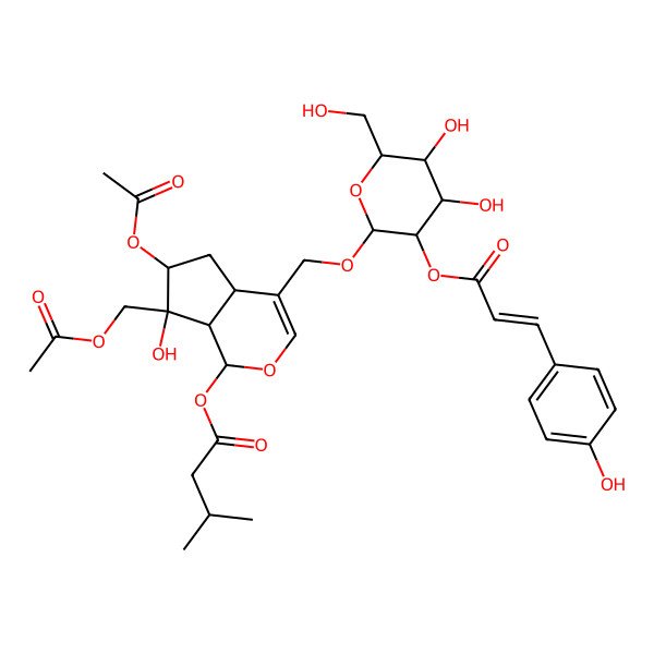 2D Structure of [(1S,4aS,6R,7R,7aS)-6-acetyloxy-7-(acetyloxymethyl)-4-[[(2S,3S,4R,5R,6S)-4,5-dihydroxy-6-(hydroxymethyl)-3-[(Z)-3-(4-hydroxyphenyl)prop-2-enoyl]oxyoxan-2-yl]oxymethyl]-7-hydroxy-4a,5,6,7a-tetrahydro-1H-cyclopenta[c]pyran-1-yl] 3-methylbutanoate