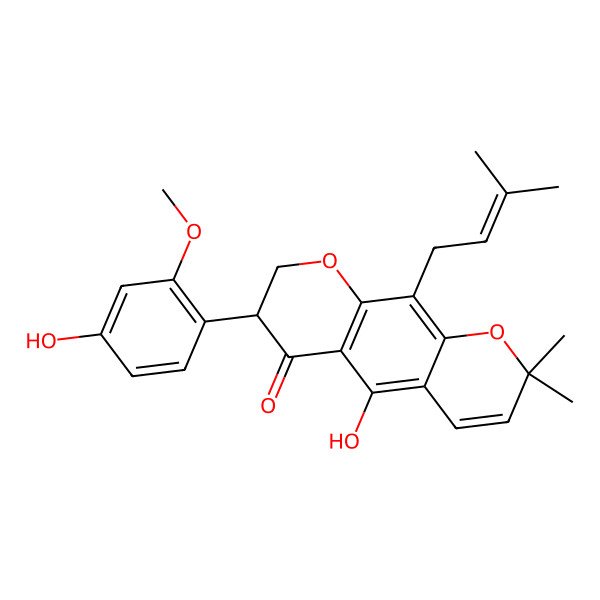 2D Structure of (7R)-5-hydroxy-7-(4-hydroxy-2-methoxyphenyl)-2,2-dimethyl-10-(3-methylbut-2-enyl)-7,8-dihydropyrano[3,2-g]chromen-6-one