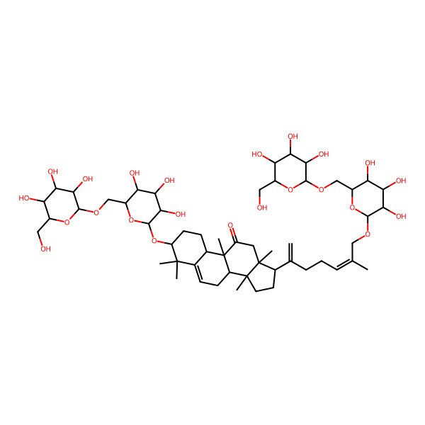 2D Structure of (3S,8S,9R,10R,13R,14S,17R)-4,4,9,13,14-pentamethyl-17-[(5E)-6-methyl-7-[(2R,3R,4S,5S,6R)-3,4,5-trihydroxy-6-[[(2R,3R,4S,5S,6R)-3,4,5-trihydroxy-6-(hydroxymethyl)oxan-2-yl]oxymethyl]oxan-2-yl]oxyhepta-1,5-dien-2-yl]-3-[(2R,3R,4S,5S,6R)-3,4,5-trihydroxy-6-[[(2R,3R,4S,5S,6R)-3,4,5-trihydroxy-6-(hydroxymethyl)oxan-2-yl]oxymethyl]oxan-2-yl]oxy-1,2,3,7,8,10,12,15,16,17-decahydrocyclopenta[a]phenanthren-11-one