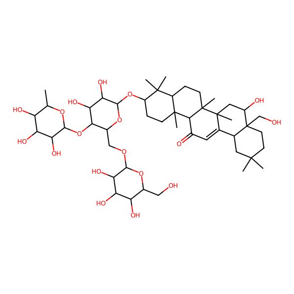 2D Structure of 10-[3,4-dihydroxy-6-[[3,4,5-trihydroxy-6-(hydroxymethyl)oxan-2-yl]oxymethyl]-5-(3,4,5-trihydroxy-6-methyloxan-2-yl)oxyoxan-2-yl]oxy-5-hydroxy-4a-(hydroxymethyl)-2,2,6a,6b,9,9,12a-heptamethyl-3,4,5,6,6a,7,8,8a,10,11,12,14b-dodecahydro-1H-picen-13-one