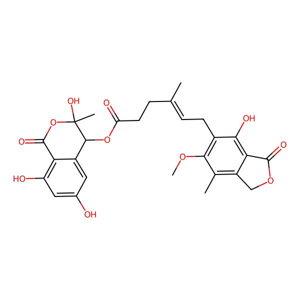 2D Structure of (3,6,8-Trihydroxy-3-methyl-1-oxo-4H-isochromen-4-yl) (E)-6-(4-hydroxy-6-methoxy-7-methyl-3-oxo-1H-2-benzofuran-5-yl)-4-methylhex-4-enoate