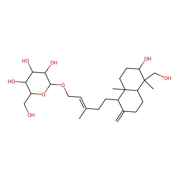 2D Structure of (2R,3R,4S,5S,6R)-2-[(E)-5-[(1S,4aR,5S,6S,8aR)-6-hydroxy-5-(hydroxymethyl)-5,8a-dimethyl-2-methylidene-3,4,4a,6,7,8-hexahydro-1H-naphthalen-1-yl]-3-methylpent-2-enoxy]-6-(hydroxymethyl)oxane-3,4,5-triol