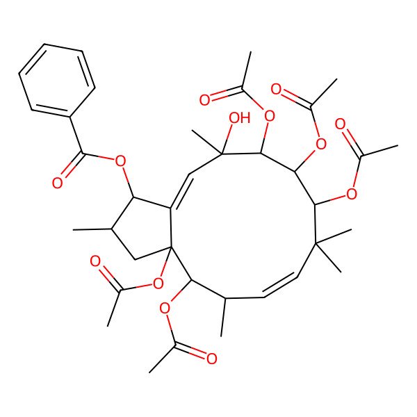 2D Structure of [(1S,2S,3aR,4S,5S,6E,9S,10R,11R,12R,13E)-3a,4,9,10,11-pentaacetyloxy-12-hydroxy-2,5,8,8,12-pentamethyl-1,2,3,4,5,9,10,11-octahydrocyclopenta[12]annulen-1-yl] benzoate