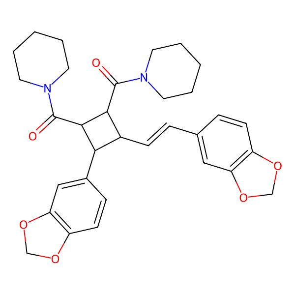 2D Structure of [3-(1,3-Benzodioxol-5-yl)-2-[2-(1,3-benzodioxol-5-yl)ethenyl]-4-(piperidine-1-carbonyl)cyclobutyl]-piperidin-1-ylmethanone