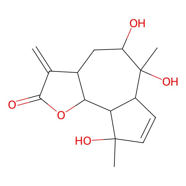 2D Structure of (3aS,5R,6S,6aS,9S,9aS,9bS)-5,6,9-trihydroxy-6,9-dimethyl-3-methylidene-3a,4,5,6a,9a,9b-hexahydroazuleno[4,5-b]furan-2-one