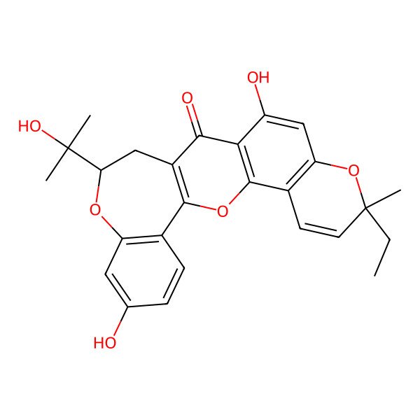 2D Structure of 7-Ethyl-11,20-dihydroxy-16-(2-hydroxypropan-2-yl)-7-methyl-2,8,17-trioxapentacyclo[12.9.0.03,12.04,9.018,23]tricosa-1(14),3(12),4(9),5,10,18(23),19,21-octaen-13-one