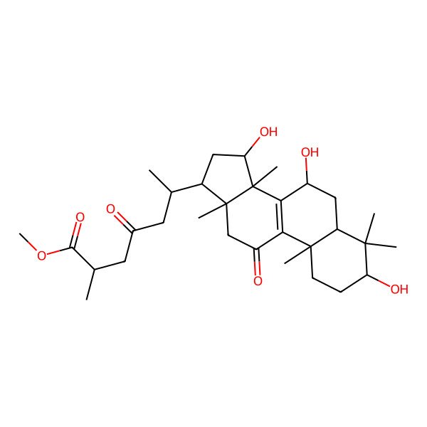 2D Structure of methyl (2R,6R)-2-methyl-4-oxo-6-[(3S,5R,7S,10S,13R,14R,15S,17S)-3,7,15-trihydroxy-4,4,10,13,14-pentamethyl-11-oxo-1,2,3,5,6,7,12,15,16,17-decahydrocyclopenta[a]phenanthren-17-yl]heptanoate