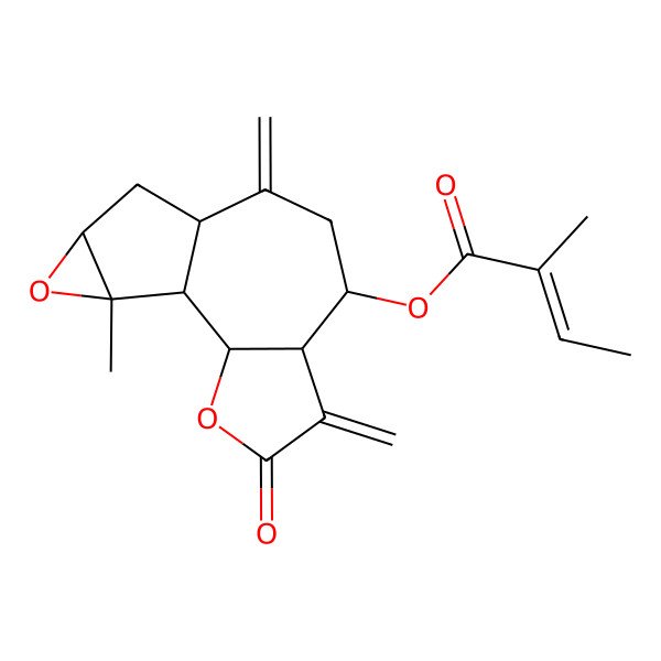2D Structure of (14-Methyl-5,9-dimethylidene-4-oxo-3,13-dioxatetracyclo[8.4.0.02,6.012,14]tetradecan-7-yl) 2-methylbut-2-enoate
