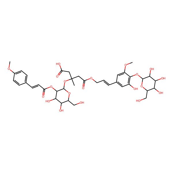 2D Structure of 3-[4,5-Dihydroxy-6-(hydroxymethyl)-3-[3-(4-methoxyphenyl)prop-2-enoyloxy]oxan-2-yl]oxy-5-[3-[3-hydroxy-5-methoxy-4-[3,4,5-trihydroxy-6-(hydroxymethyl)oxan-2-yl]oxyphenyl]prop-2-enoxy]-3-methyl-5-oxopentanoic acid