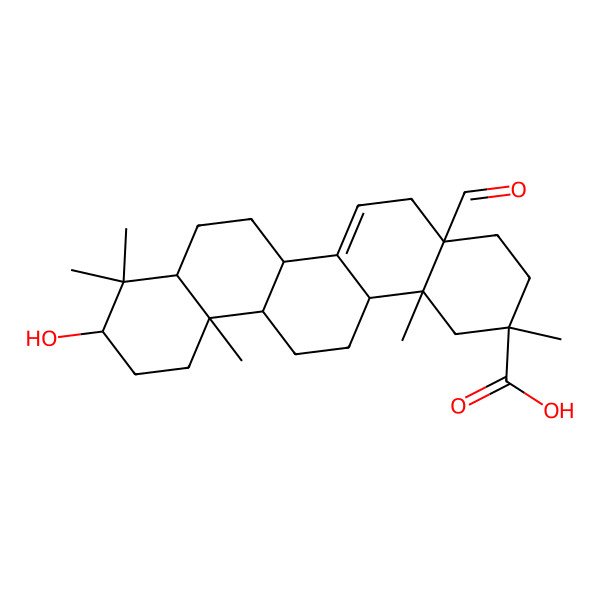2D Structure of 4a-formyl-10-hydroxy-2,9,9,12a,14b-pentamethyl-3,4,5,6a,6b,7,8,8a,10,11,12,13,14,14a-tetradecahydro-1H-picene-2-carboxylic acid