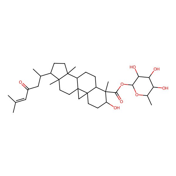 2D Structure of [(2S,3R,4R,5R,6S)-3,4,5-trihydroxy-6-methyloxan-2-yl] (1S,3R,6S,7S,8R,11S,12S,15R,16R)-6-hydroxy-7,12,16-trimethyl-15-[(2R)-6-methyl-4-oxohept-5-en-2-yl]pentacyclo[9.7.0.01,3.03,8.012,16]octadecane-7-carboxylate