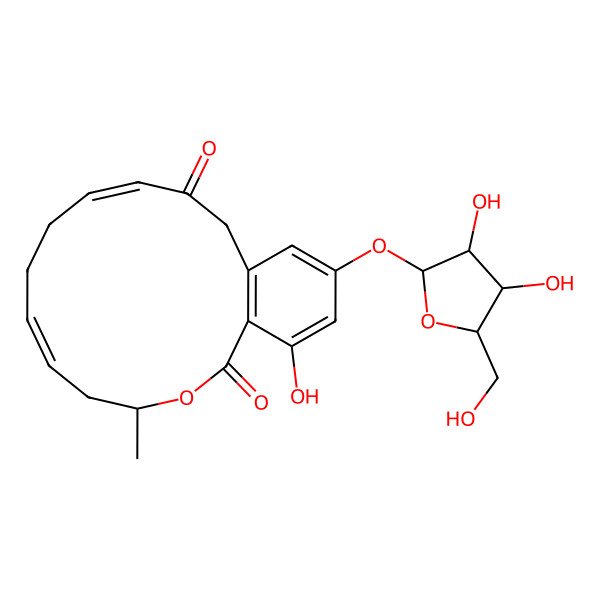 2D Structure of (4E,8E,11S)-17-[3,4-dihydroxy-5-(hydroxymethyl)tetrahydrofuran-2-yl]oxy-15-hydroxy-11-methyl-12-oxabicyclo[12.4.0]octadeca-1(14),4,8,15,17-pentaene-3,13-dione