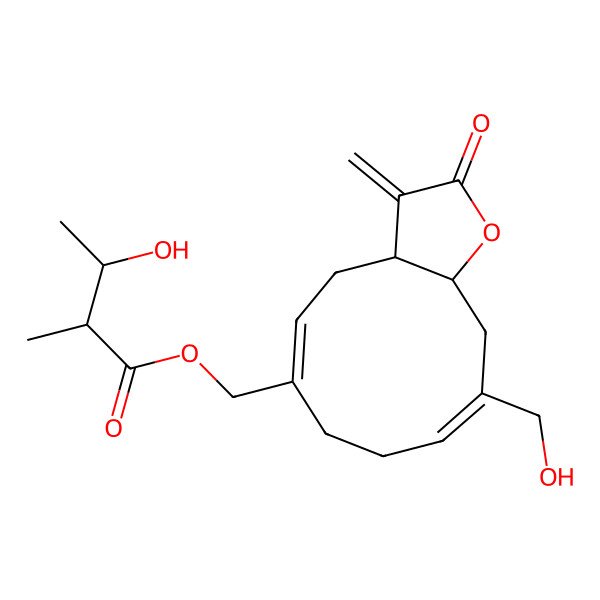 2D Structure of [10-(Hydroxymethyl)-3-methylidene-2-oxo-3a,4,7,8,11,11a-hexahydrocyclodeca[b]furan-6-yl]methyl 3-hydroxy-2-methylbutanoate